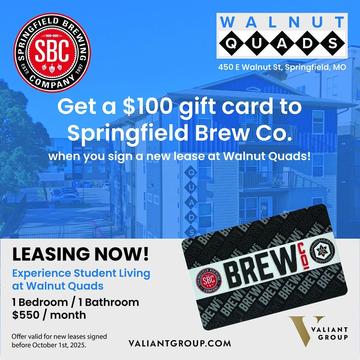 🎉 Get a $100 Springfield Brew Co Gift Card! 🍺

Student living just got even better! Sign your individual lease at Walnut Quads before October 1st, 2025, and we&rsquo;ll hook you up with a $100 gift card to Springfield BrewCo, perfect for kicking of