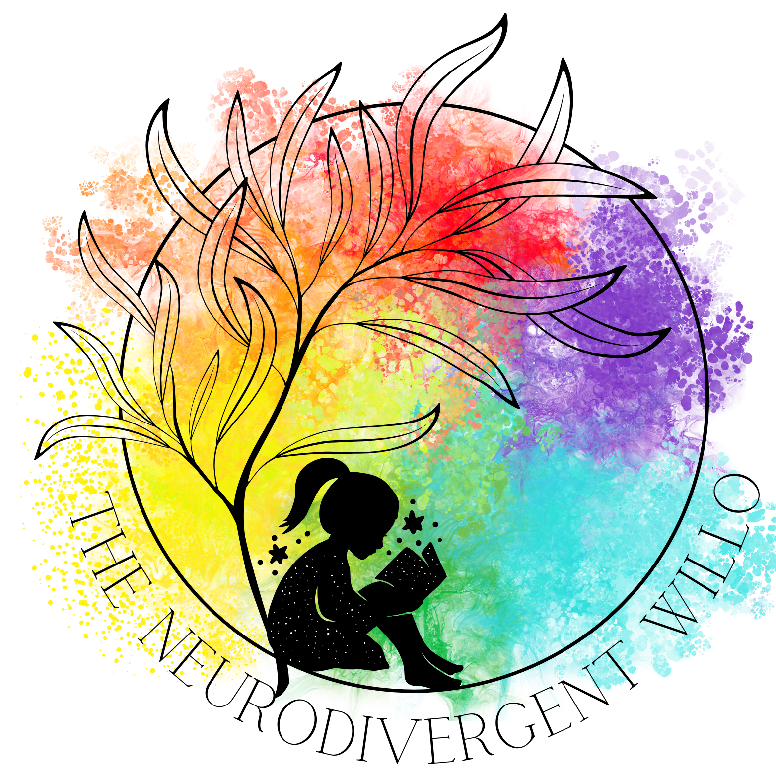 Silhouette of a girl sitting and reading a book, surrounded by a tree with colourful watercolor splash background, and the text 'The Neurodivergent Willo' encircling it.