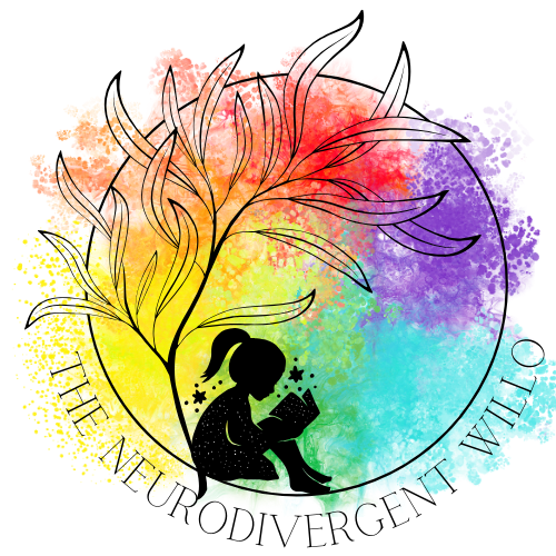 Silhouette of a girl sitting and reading a book, surrounded by a tree with colourful watercolor splash background, and the text 'The Neurodivergent Willo' encircling it.