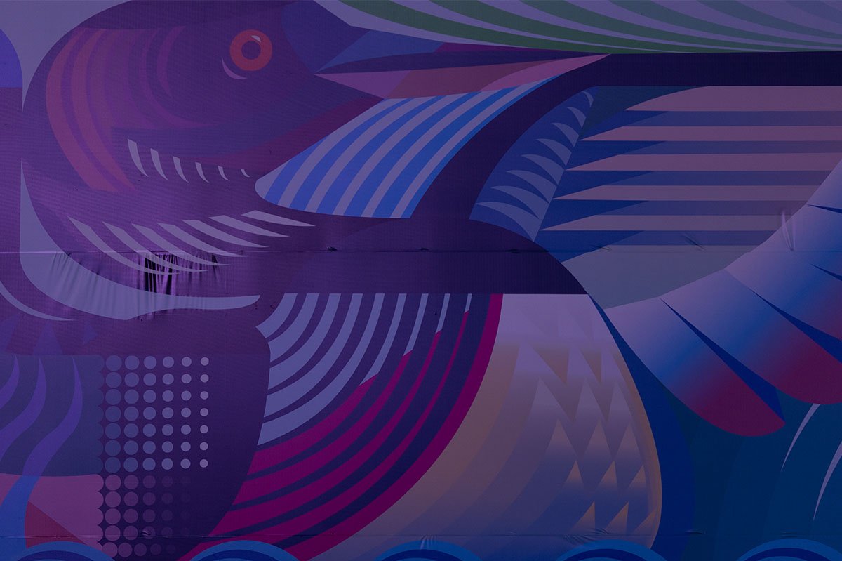 Abstract digital artwork featuring vibrant purple, blue, and green geometric shapes and patterns, resembling stylized bird and fish motifs.