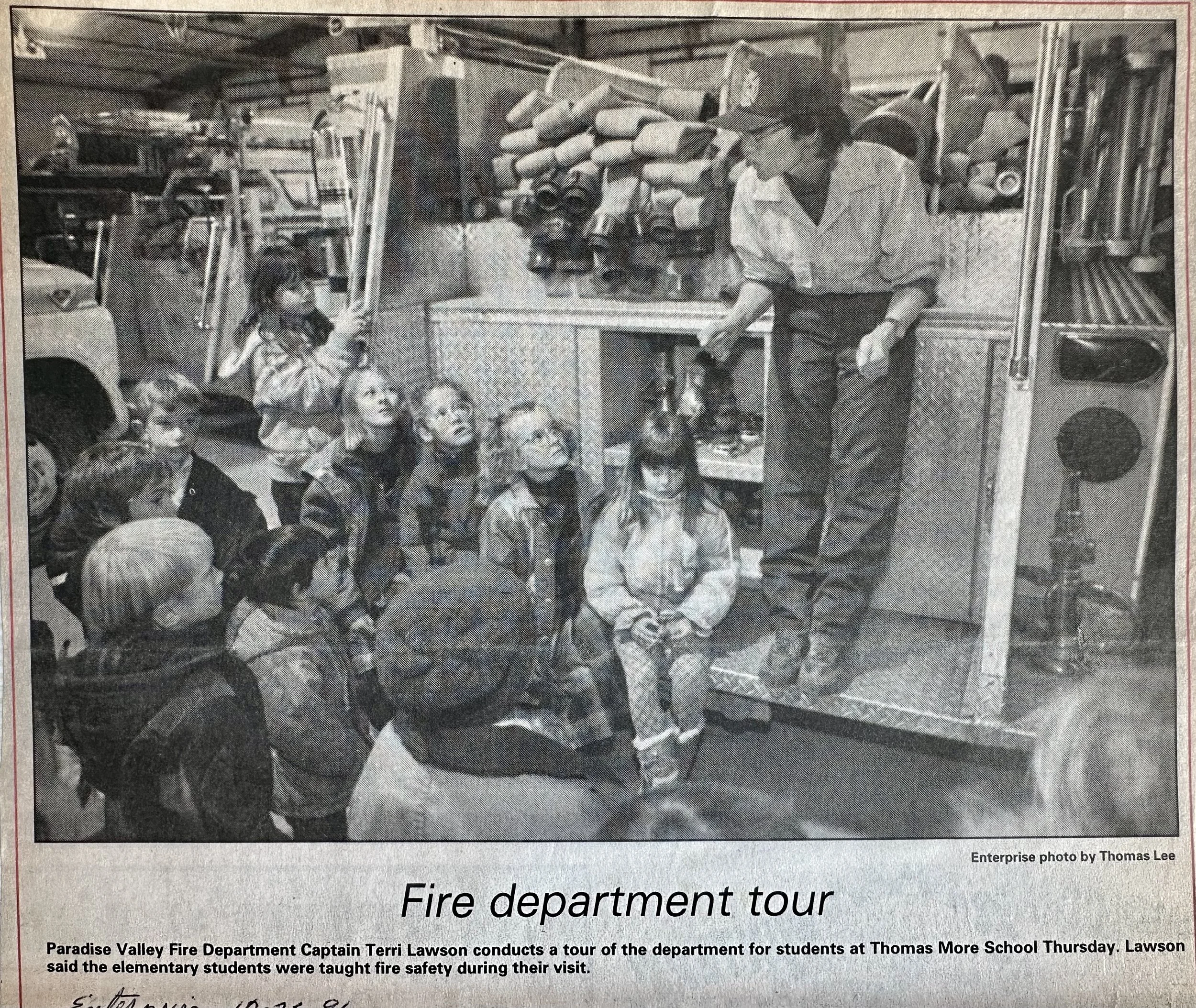 Fire department tour with Captain Terri Lawson showing elementary students fire safety at Thomas More School