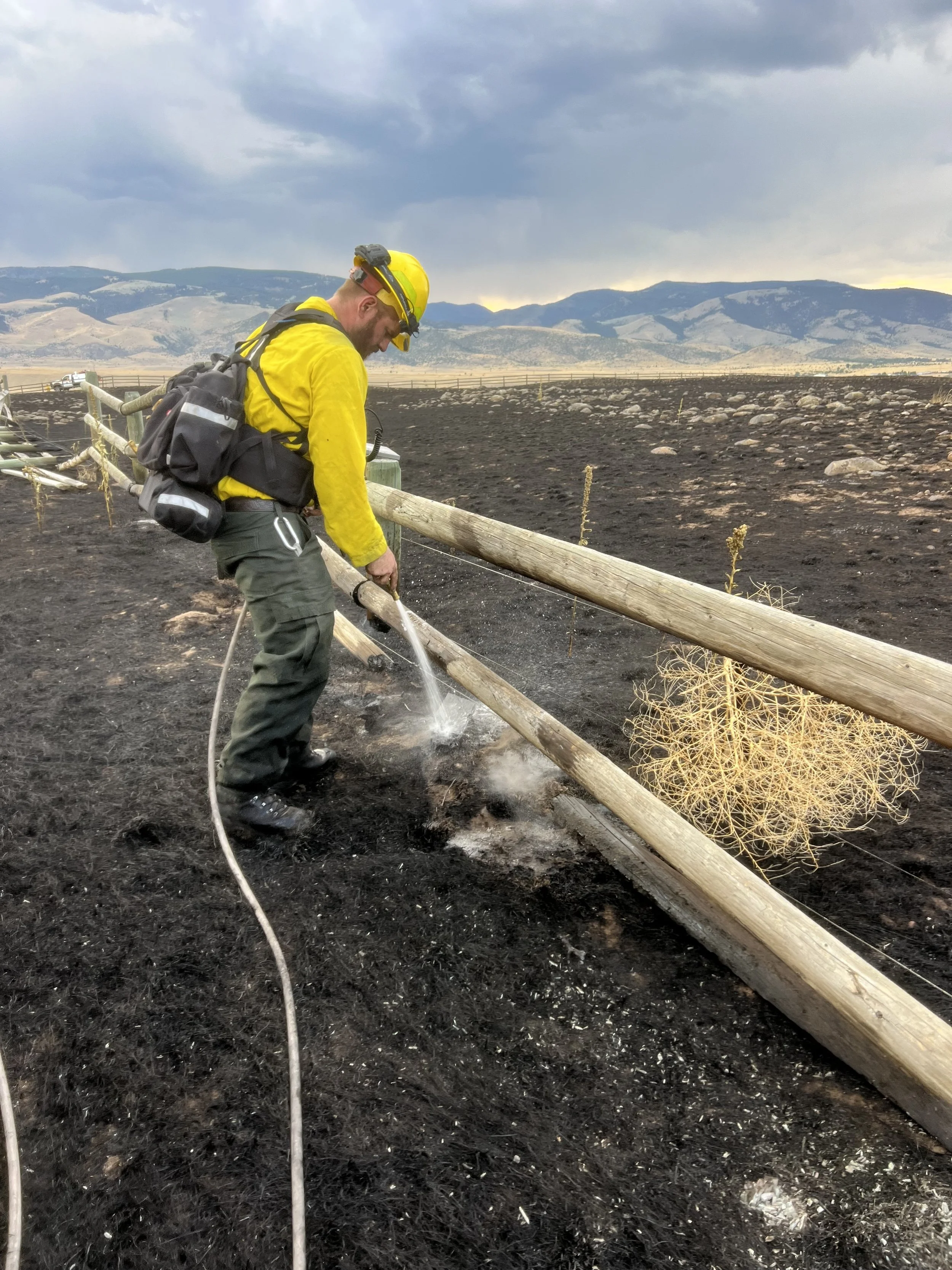 Firefighter in yellow jacket and helmet using a hose to extinguish smoldering debris on burnt land, with mountains and cloudy sky in the background.