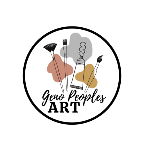 Logo for Geno Peoples Art in Panama City, Fl, featuring paint splatters and paint brushes to appropriately curate a mental image for this well-known, Americana artist.