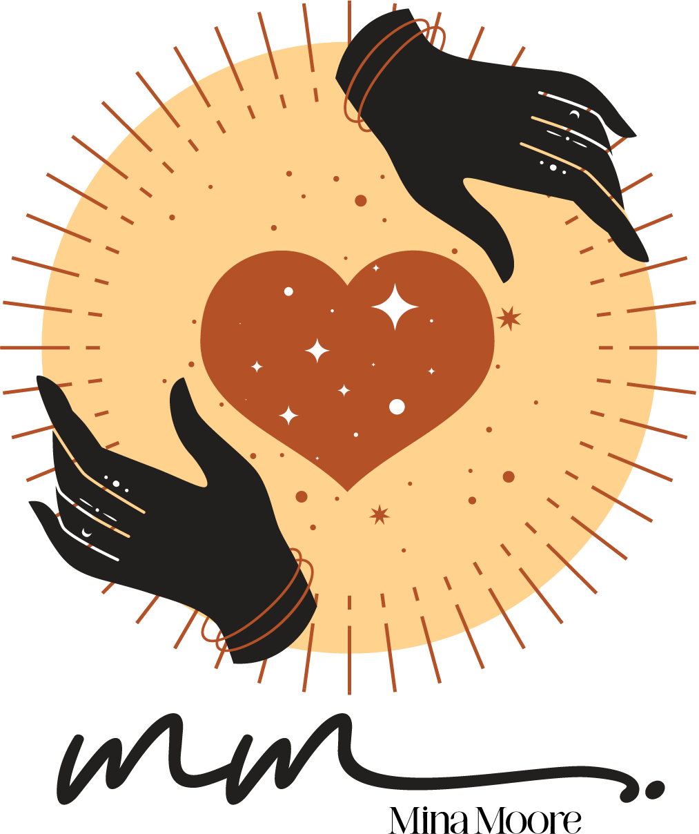 Mina Moore wellness brand logo featuring hands surrounding a heart, representing healing, compassion, sound bath, and holistic wellness practices.
