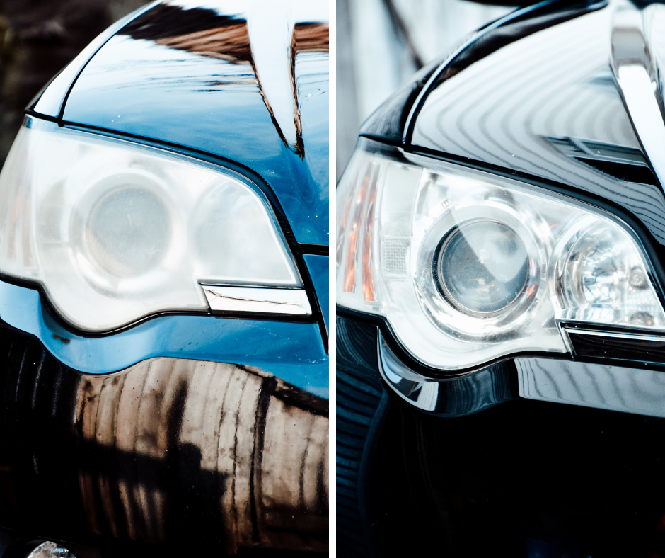 before and after headlight restoration and paint cut and polish