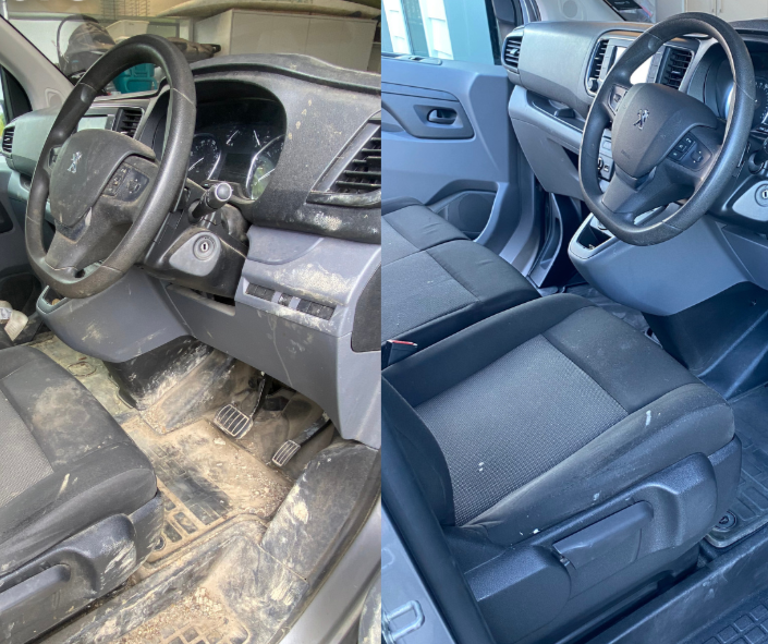 extremely dirty before and after of work van interior detail from best man service