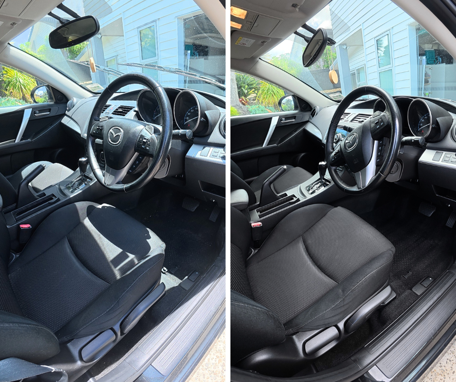 Fabric car seats before and after professional detailing Auckland
