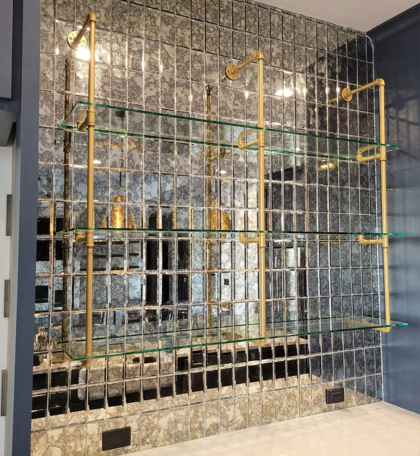 Glass shelf mounted on glass tile wall!
