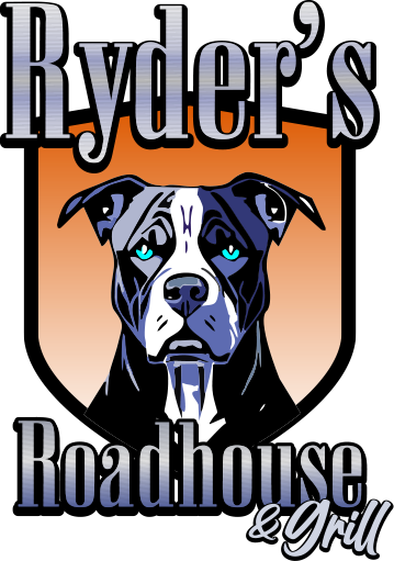A logo for Ryder's Roadhouse & Grill featuring a black and white dog with blue eyes and a coat in shades of black, white, and gray, set against an orange and cream shield background.
