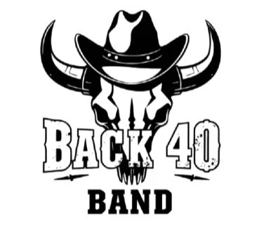 Logo featuring a skull with a cowboy hat and horns, with the text 'Back 40 Band' below.