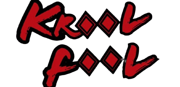 Krool Fox written in red with black outlines and diamond shapes in between the words.