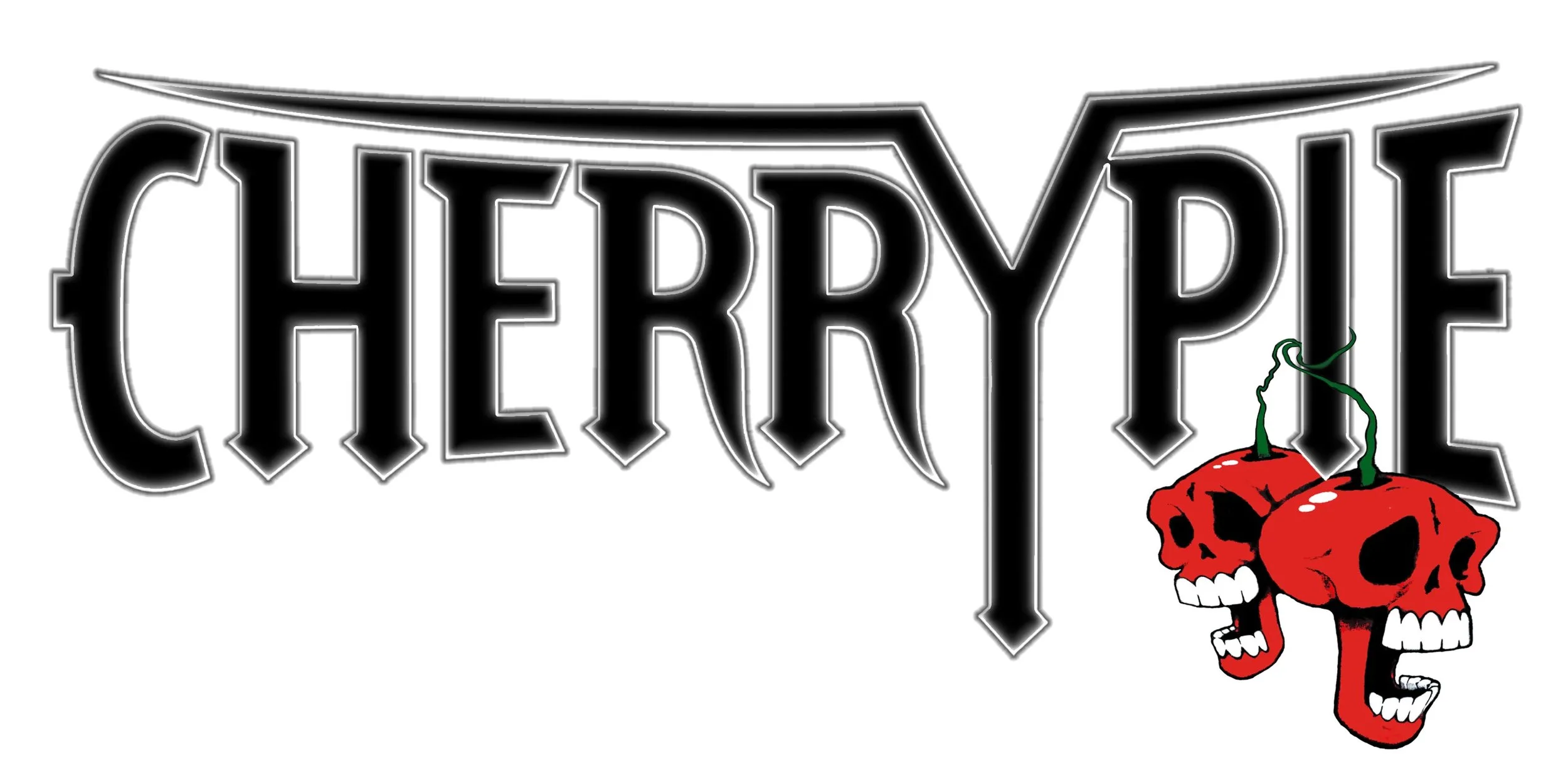 Dark graphic image with the word "CHERRYPIPE" in bold Gothic font and two red skulls with green stems resembling cherries hanging from the letter "P".