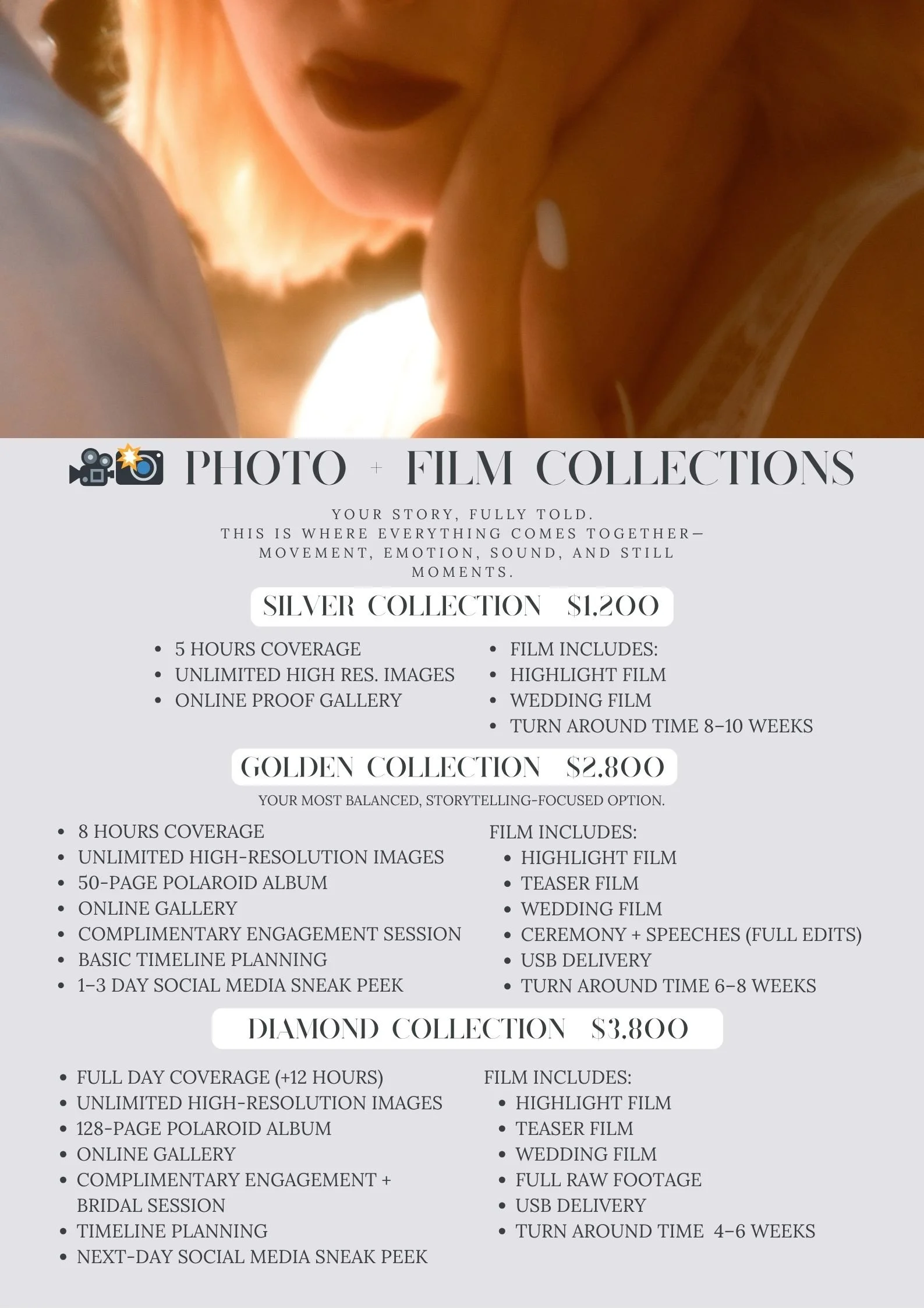 Image of a price list for photo and film collections with options for Silver, Gold, and Diamond packages, including coverage hours, image resolution, albums, gallery, and film features.