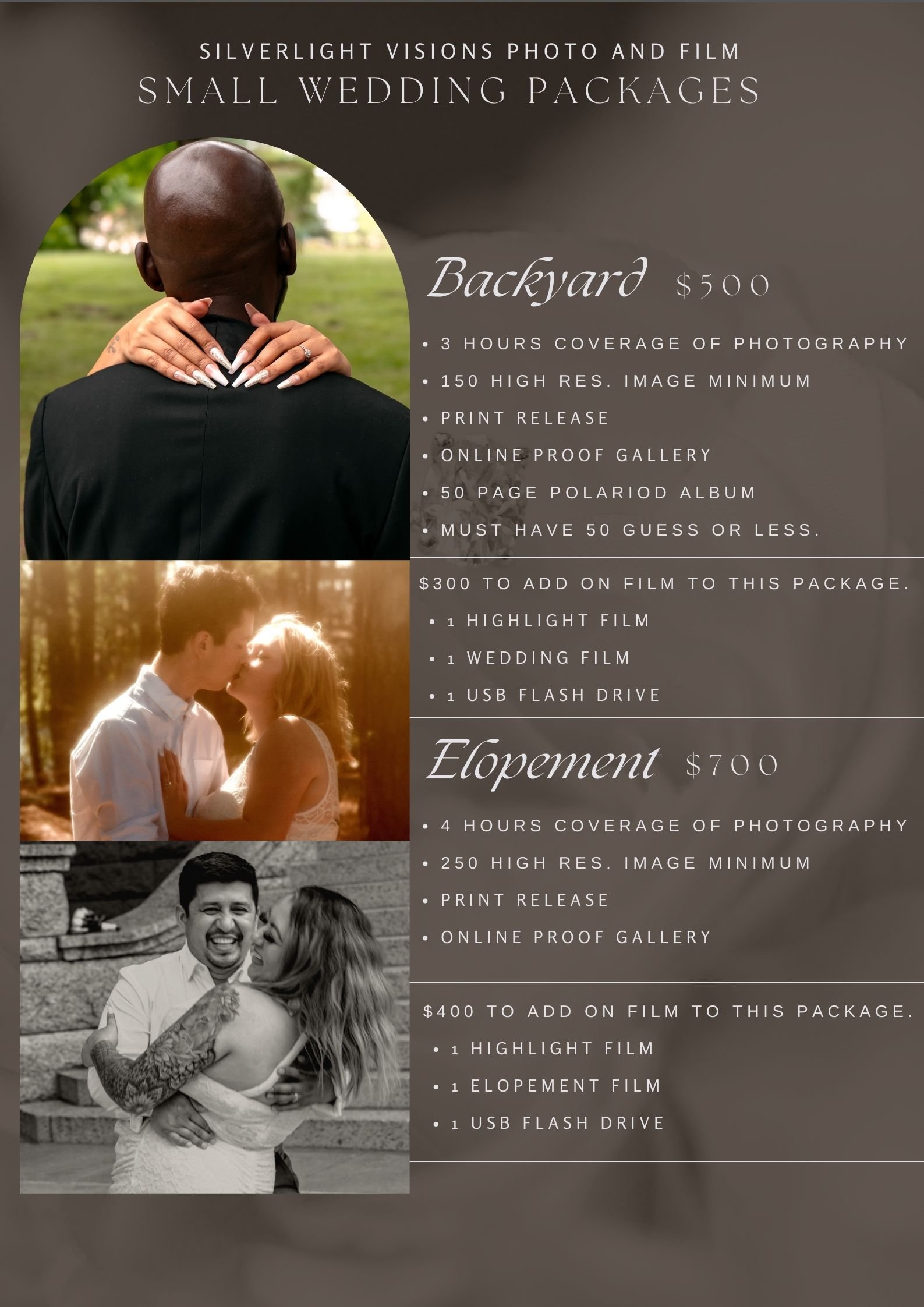 Flyer for Silverlight Visions Photo and Film showcasing small wedding packages. Features three images of couples: one with a man in a suit with a woman behind him, another of a couple in sunset, and a third of a happy couple embracing on steps.