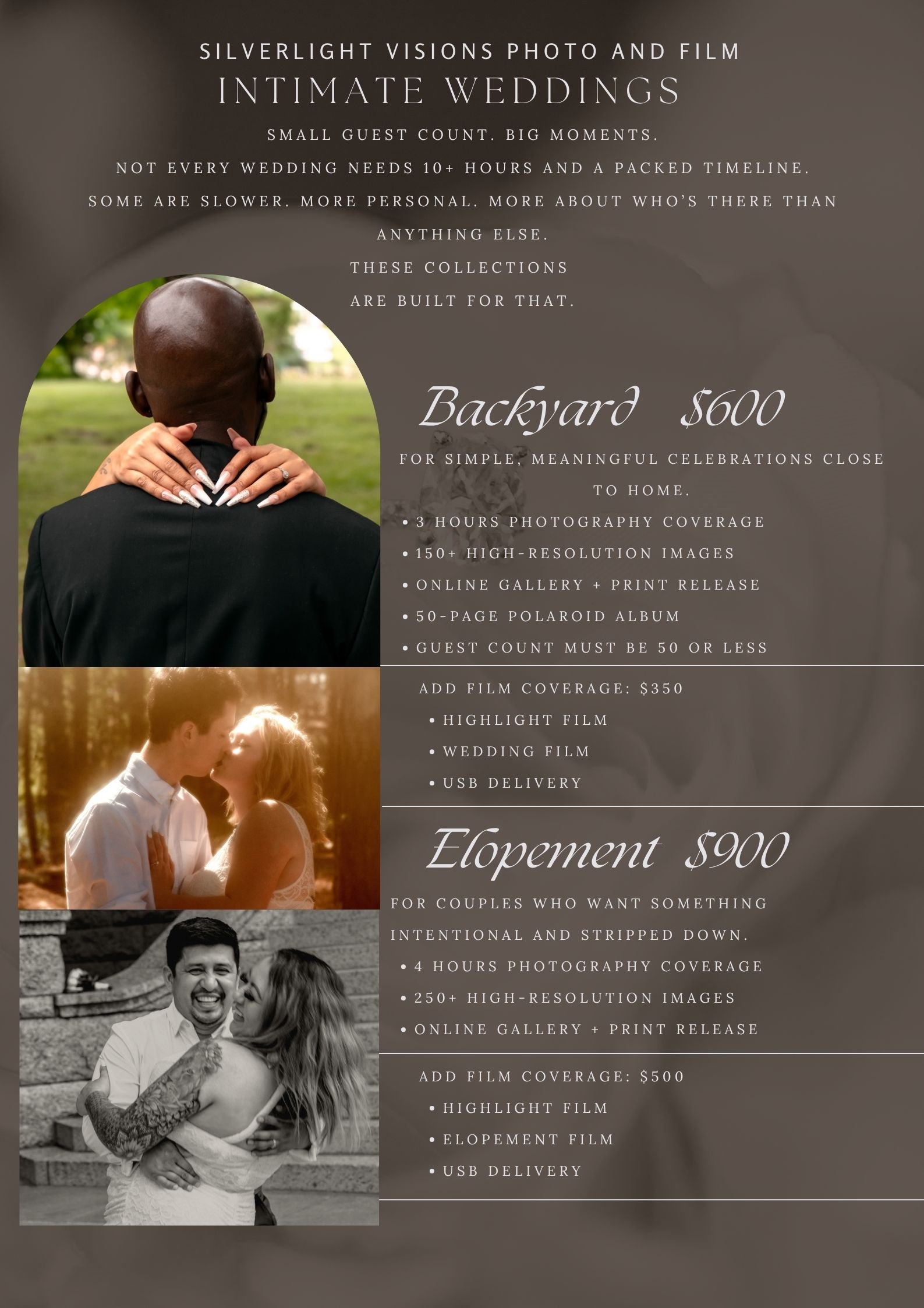 Photograph of a wedding photography pricing sheet from Silverlight Visions, featuring three wedding packages: Backyard, Elopement, and additional options, with images of couples and wedding scenes.