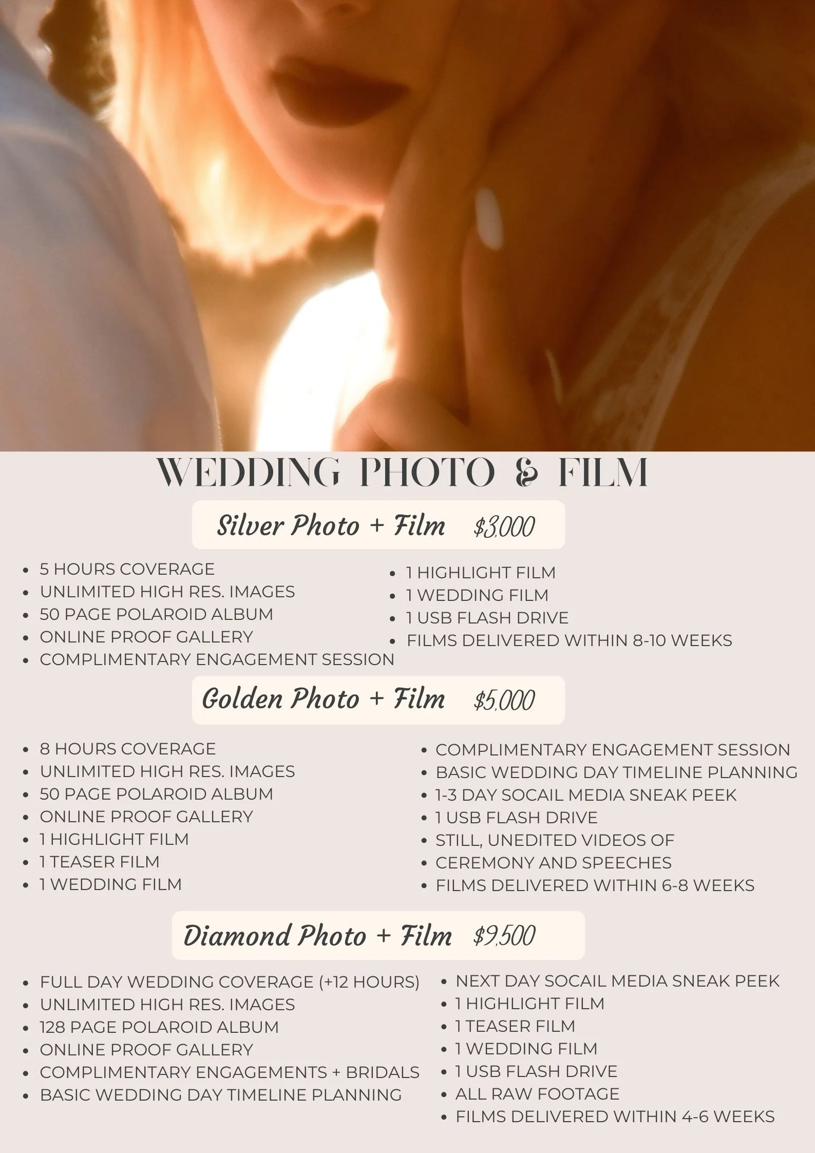 A wedding photo of a woman with short blonde hair, wearing makeup, posing with her finger near her lips, overlaid with a flyer advertising wedding photography and film packages.