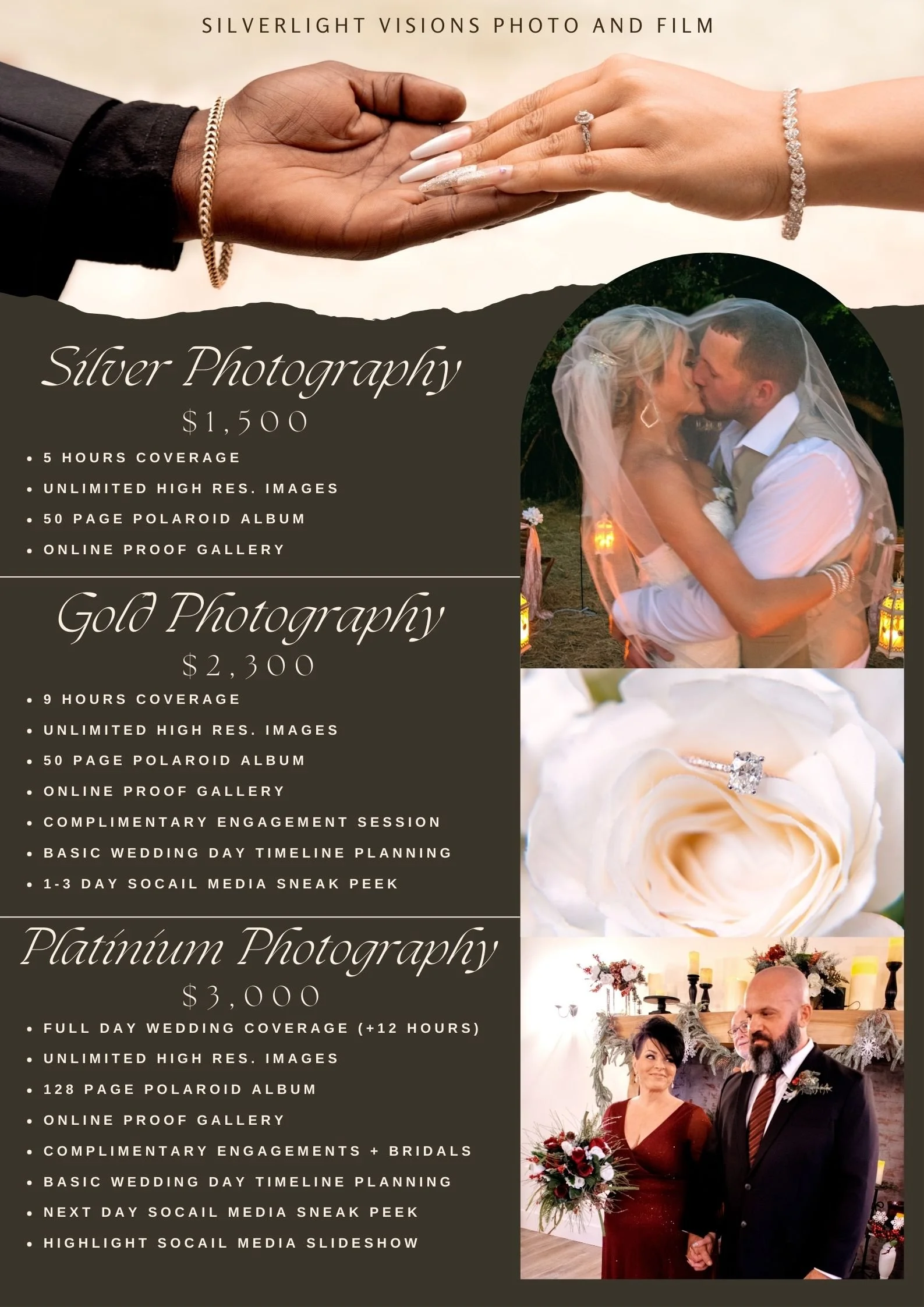 Wedding photography services advertisement featuring wedding and engagement photos, showcasing different photography packages and prices.