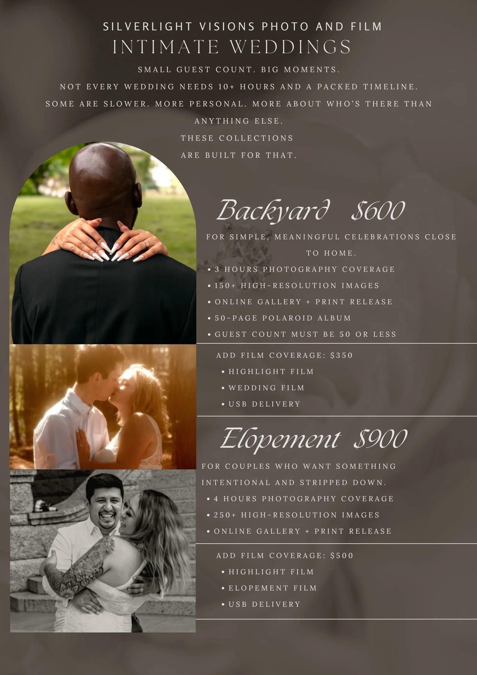 Pricing and packages flyer for intimate wedding photography, featuring three photos of couples, with details about coverage, images, albums, and add-ons.