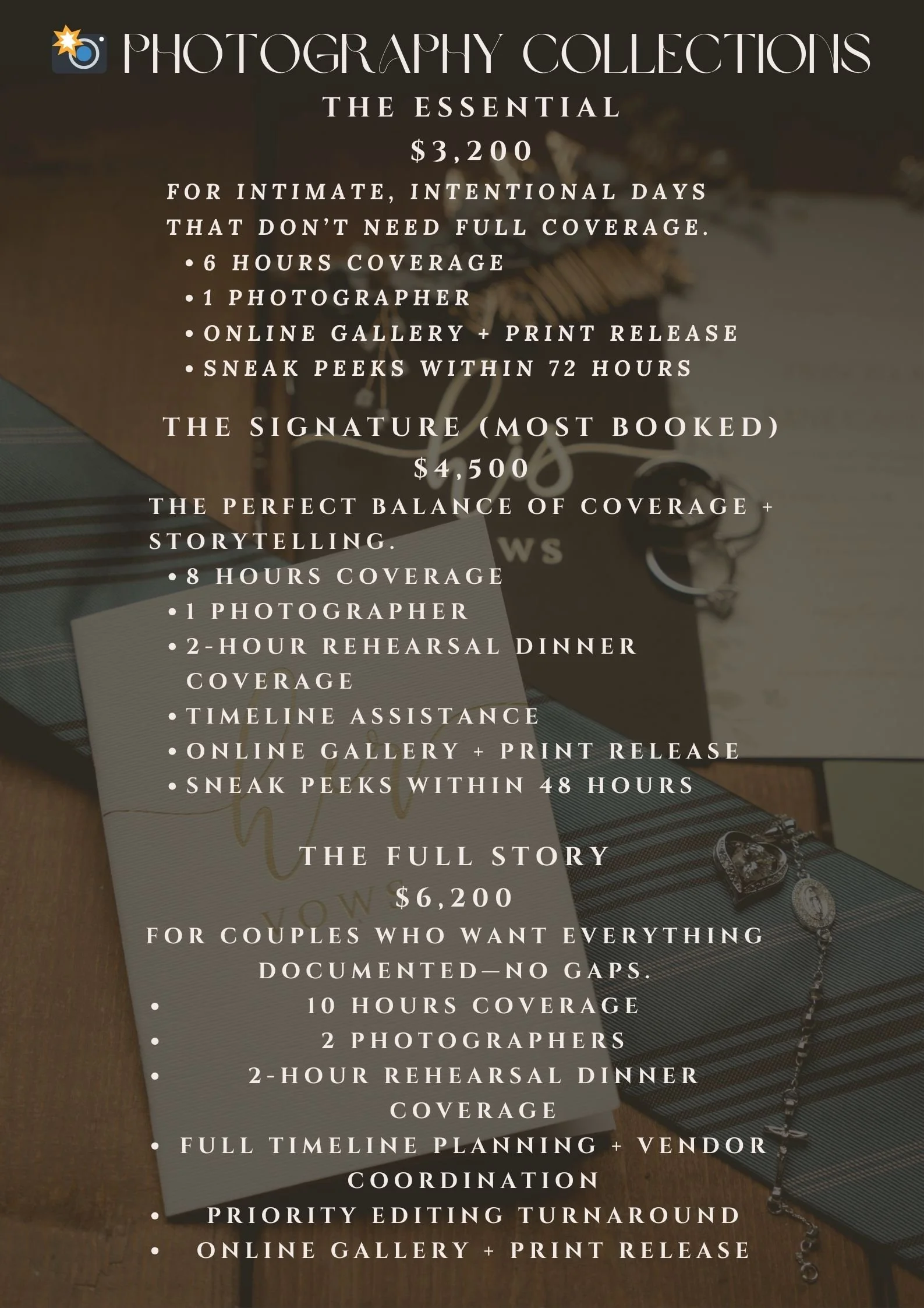 Pricing and service packages for photography collections, including The Essential, The Signature, and The Full Story, with details on coverage hours, number of photographers, rehearsal dinners, storytelling, timeline assistance, online galleries, sne
