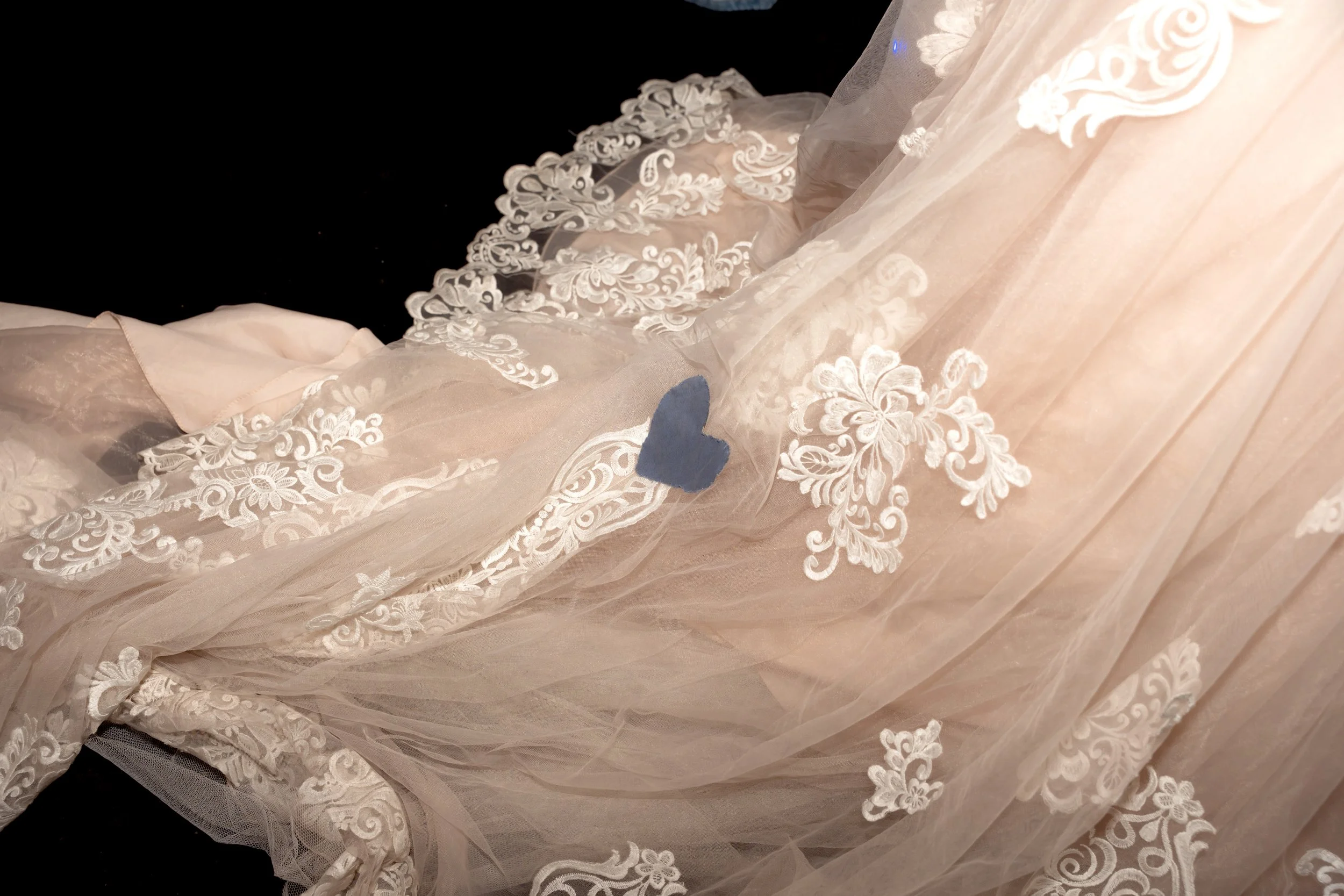 Close-up of a wedding dress with ivory lace and embroidery detailing, displayed against a dark background.