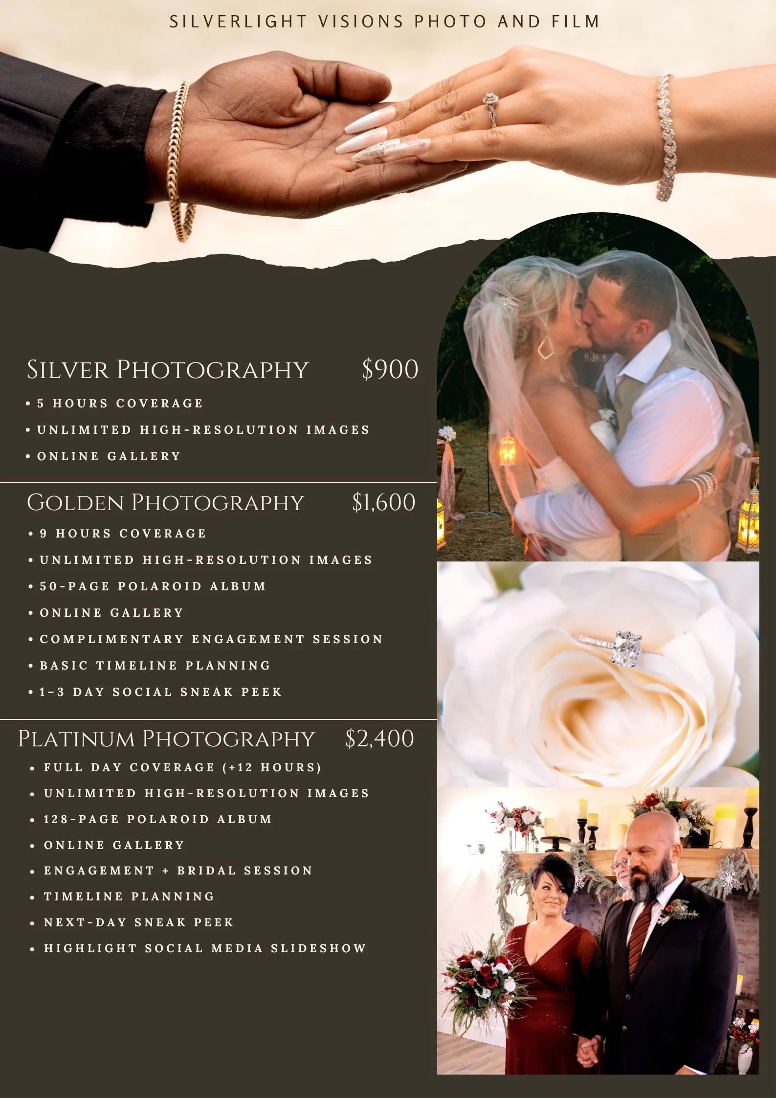 Wedding photography pricing flyer showing three options: Silver Photography for $900 with 5 hours coverage, unlimited high-res images, and online gallery; Golden Photography for $1,600 with 9 hours coverage, a 50-page polaroid album, and a social sne