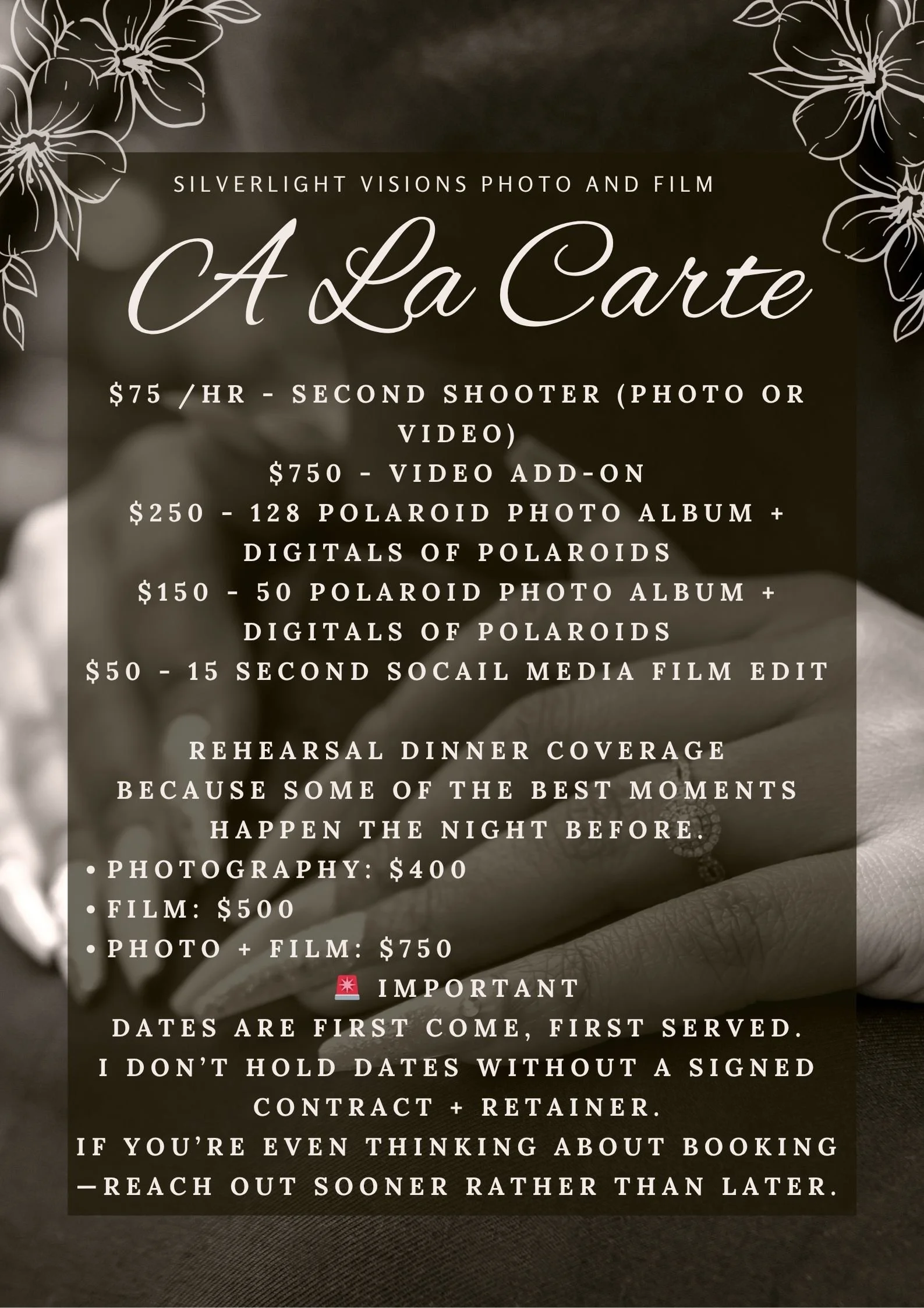 Pricing and service details for Silverlight Visions photo and film, including hourly rates for second shooters, video add-ons, photo albums, social media edits, rehearsal dinner coverage, and package prices for photography, film, and combined service