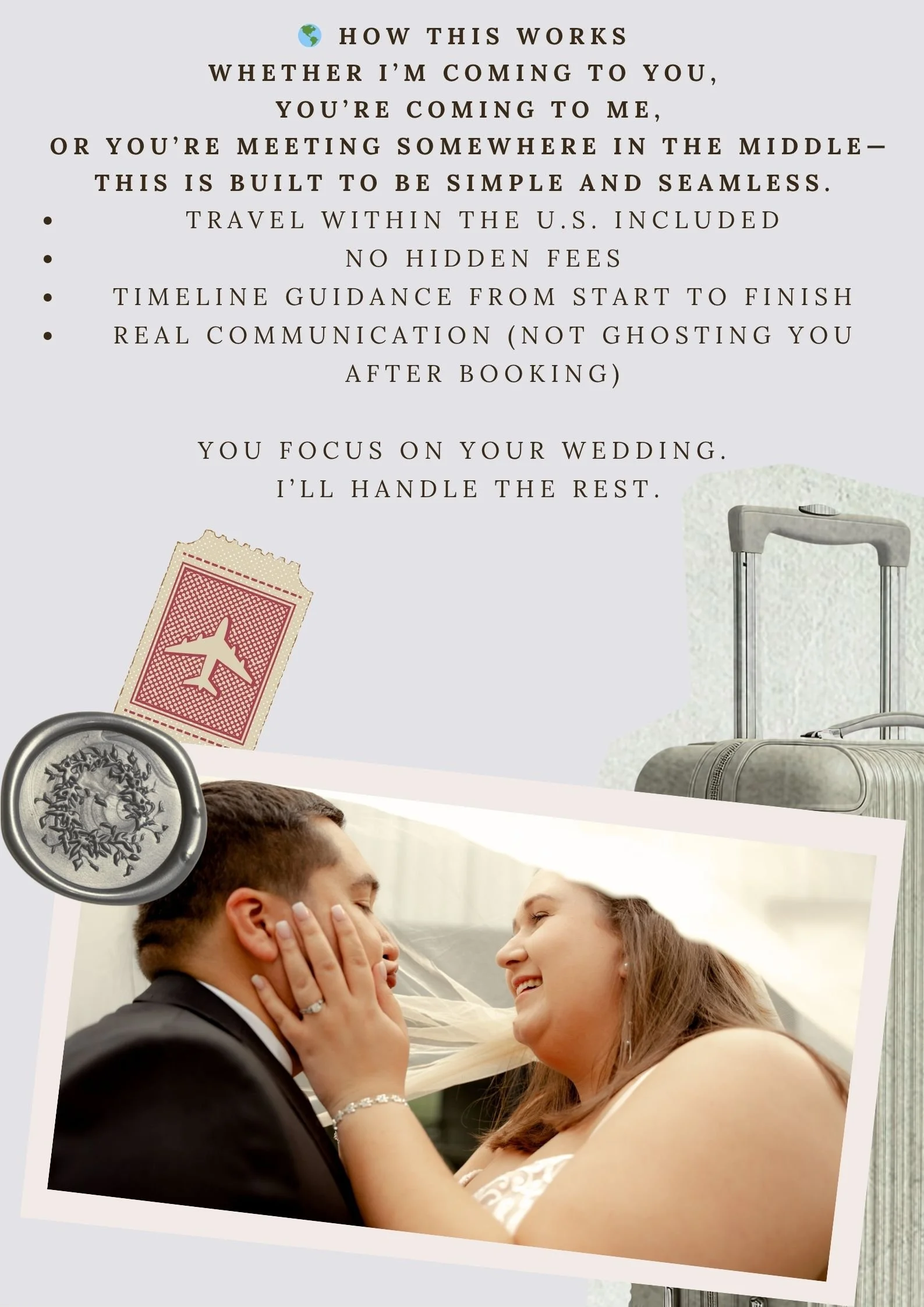 A promotional flyer featuring a photograph of a smiling couple at a wedding, with travel-themed icons such as an airplane ticket and a suitcase, and text describing a seamless travel planning service for weddings.