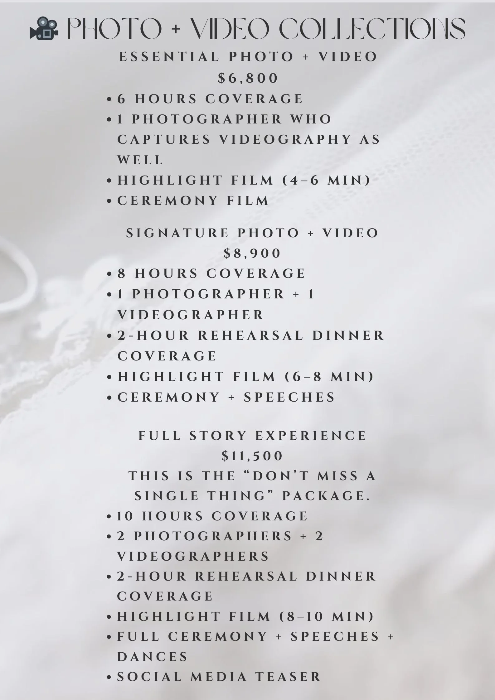 Pricing options for photo and video collections, including coverage, videography, highlights, ceremony, speeches, rehearsal dinner, and full story options, with prices ranging from $6,800 to $11,500.