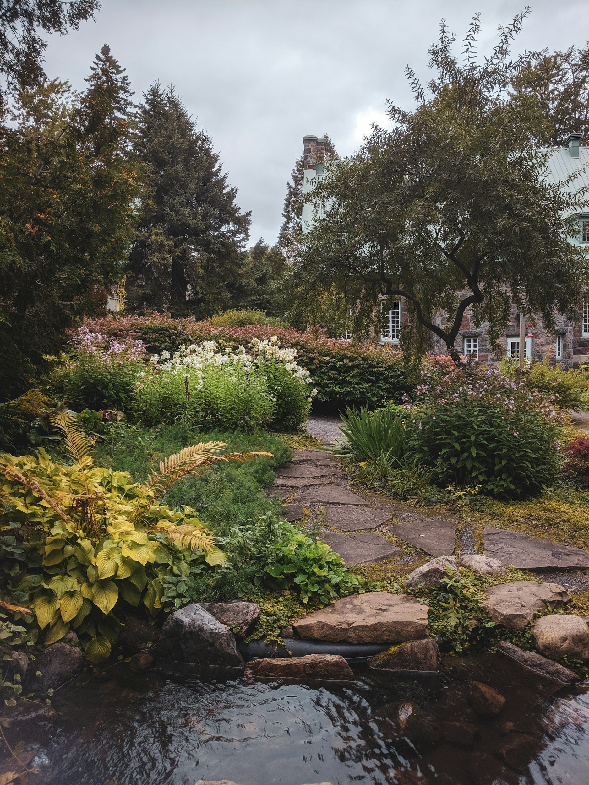 Stone path through lush garden with various plants and small pond, trees, and a building in the background.