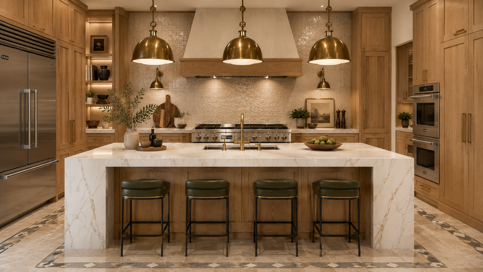 Luxury Kitchen with white oak cabinets, marble island, viking appliances.png