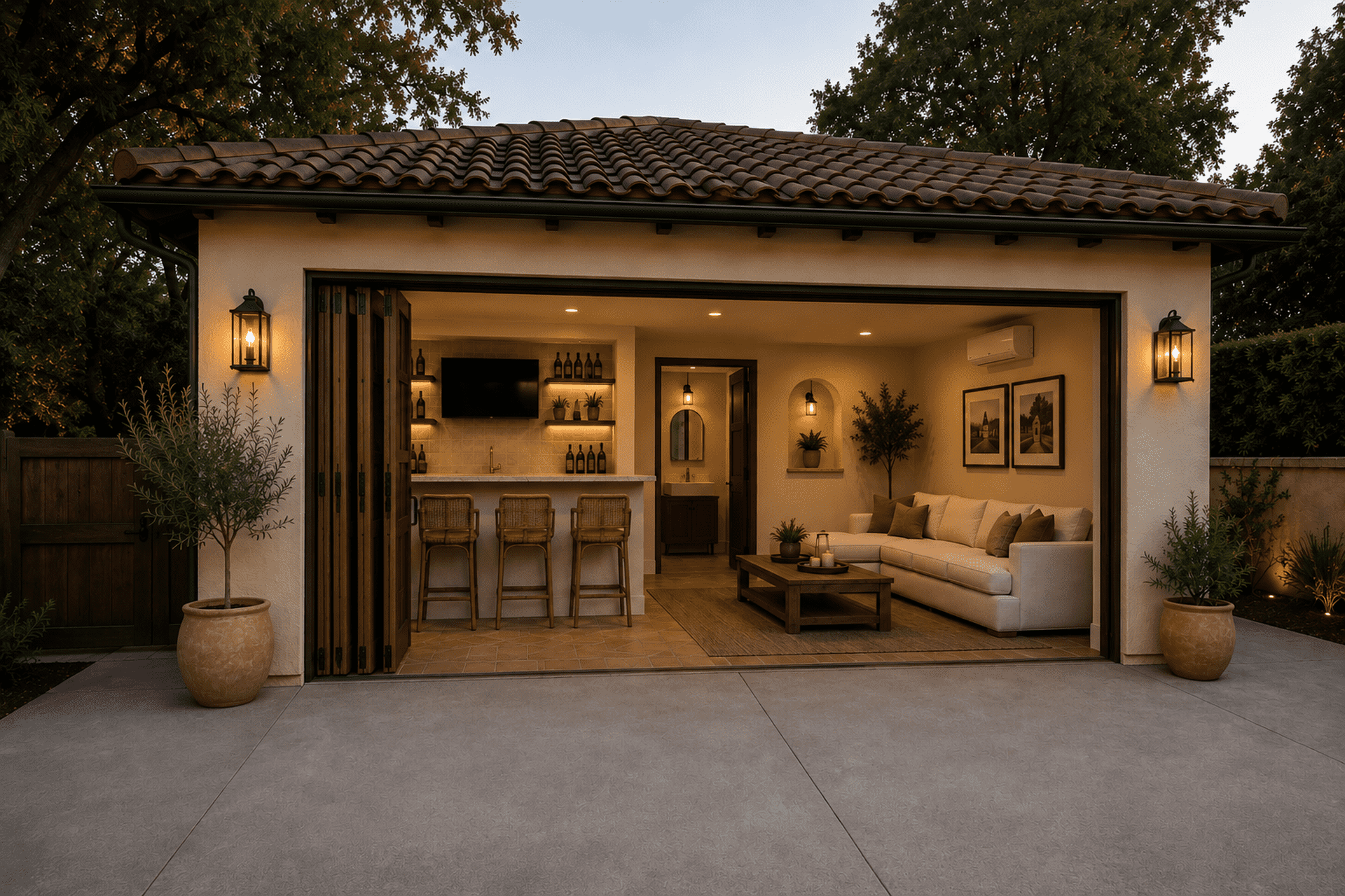Spanish-style detached garage conversion with folding wood doors, bar, lounge, and pool bathroom.