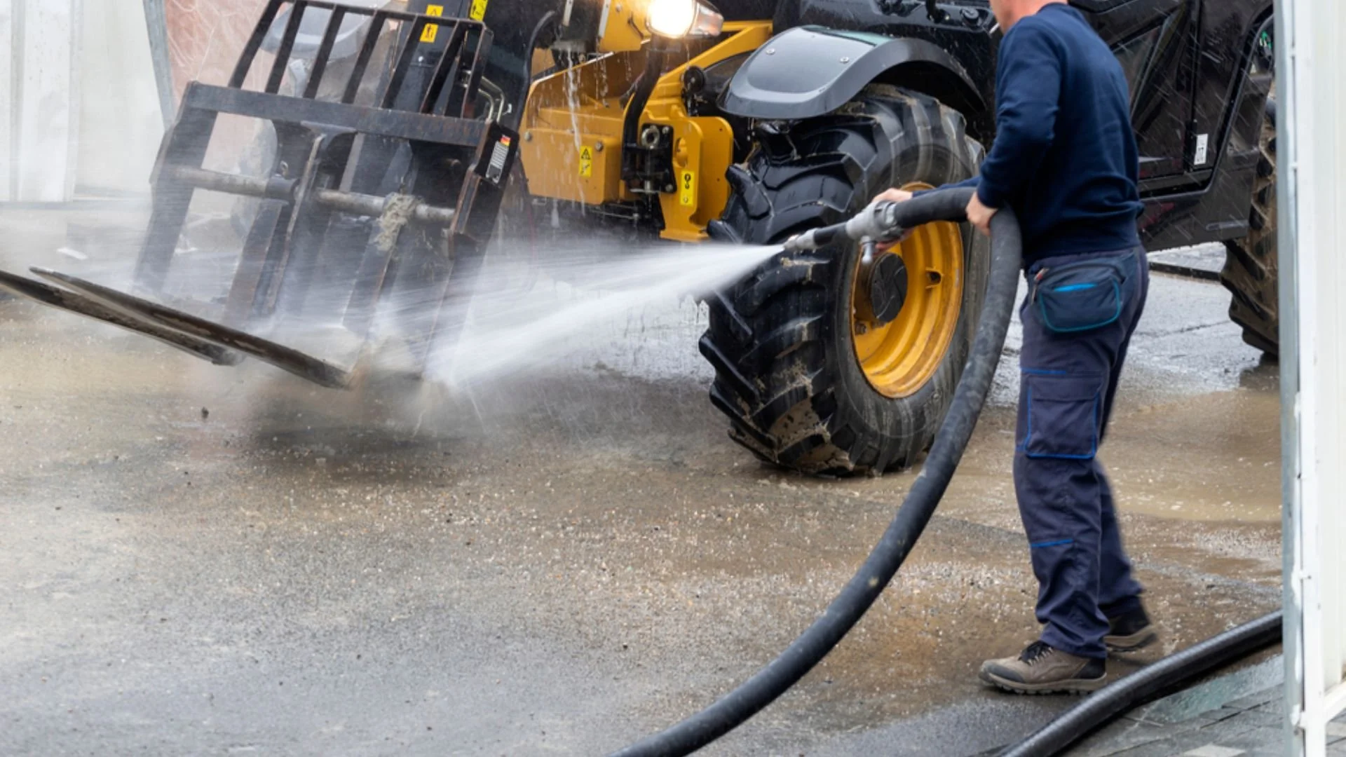 A person is power washing a large construction vehicle with yellow and black tires, cleaning the muddy surface underneath.