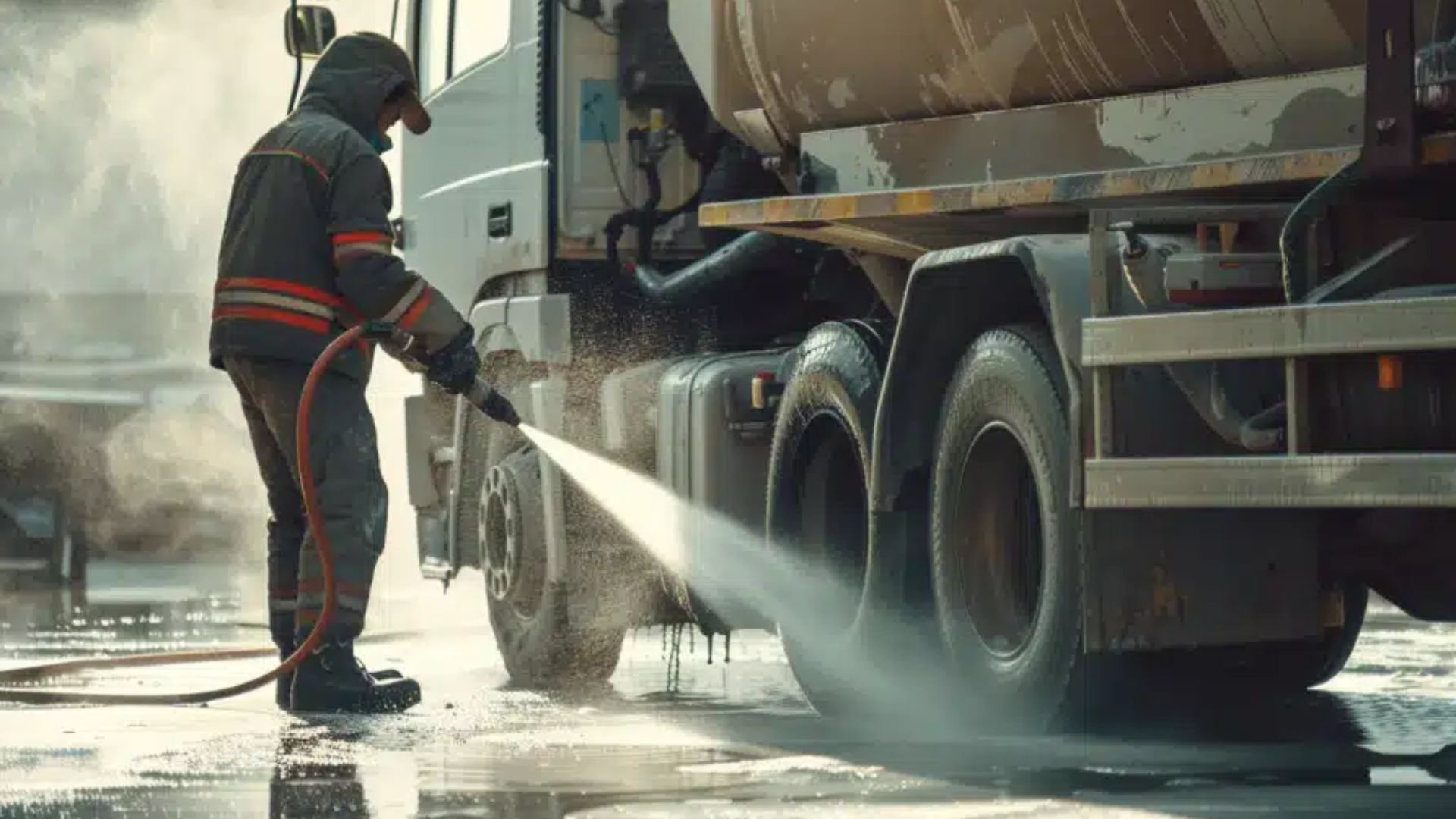 A worker cleaning a large tanker truck with a hose, water spraying onto the tires and body of the truck.