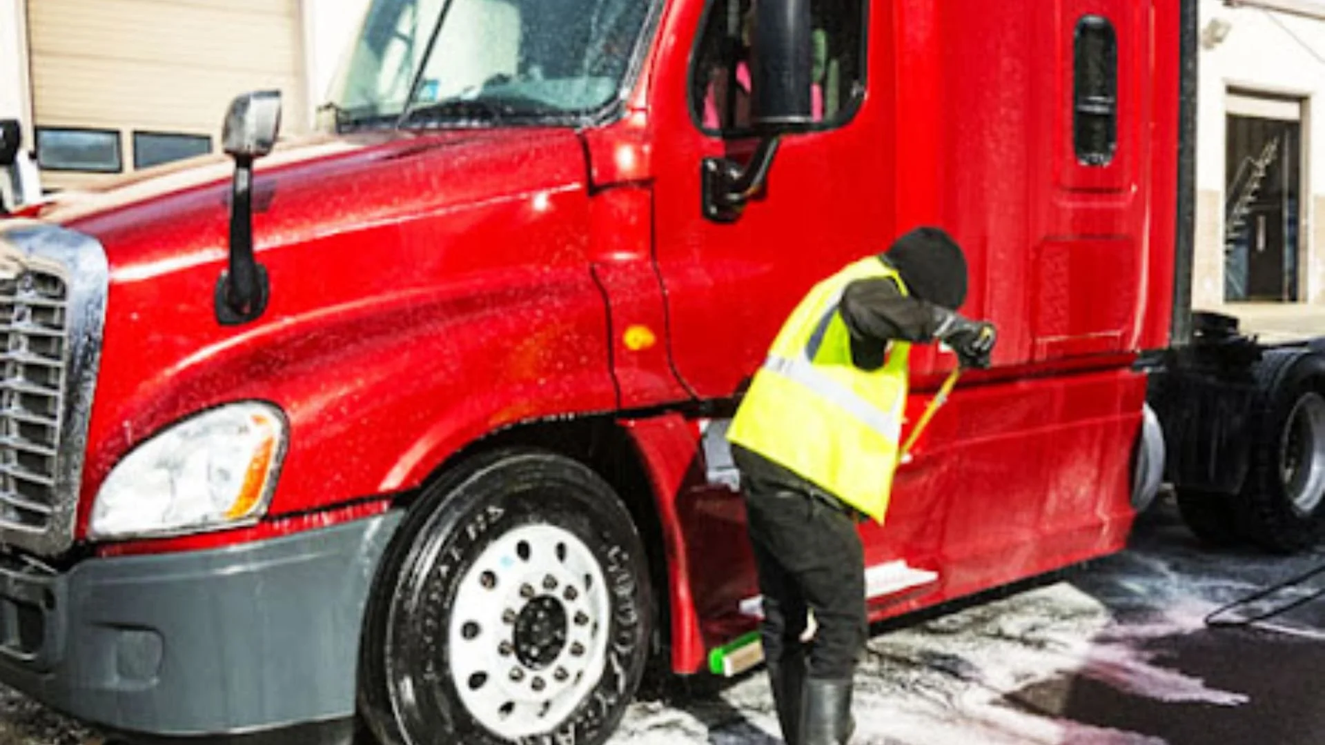 Worker in yellow vest and black clothing cleaning a red semi-truck with soap and water.