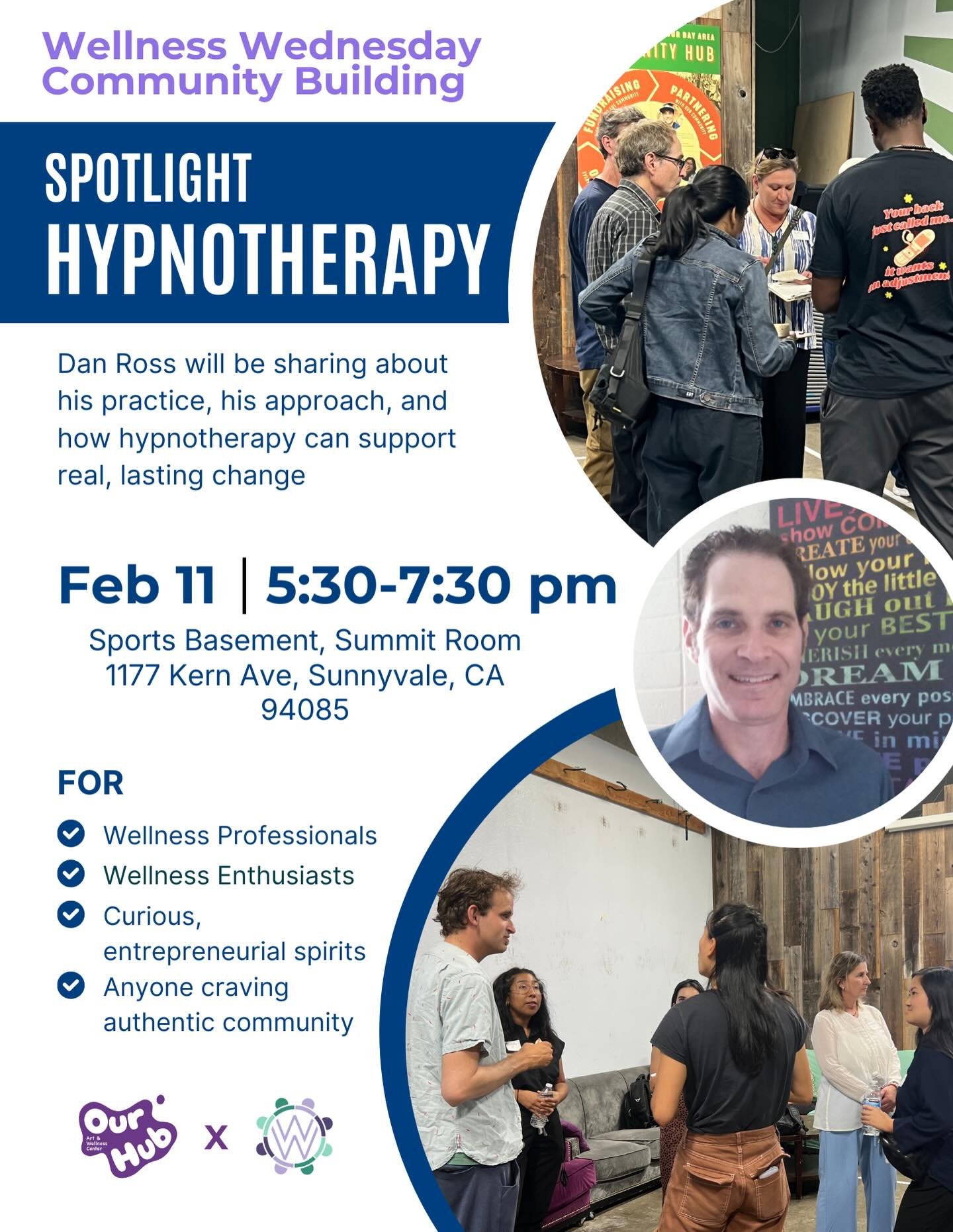 You&rsquo;re invited to our FREE Wellness Wednesday Community Building!

Come hang out, get some snacks, and meet fitness and wellness-minded folks. PLUS, learn from the anxiety helper, Dan Ross as he shares about his practice and gives us a demo on 
