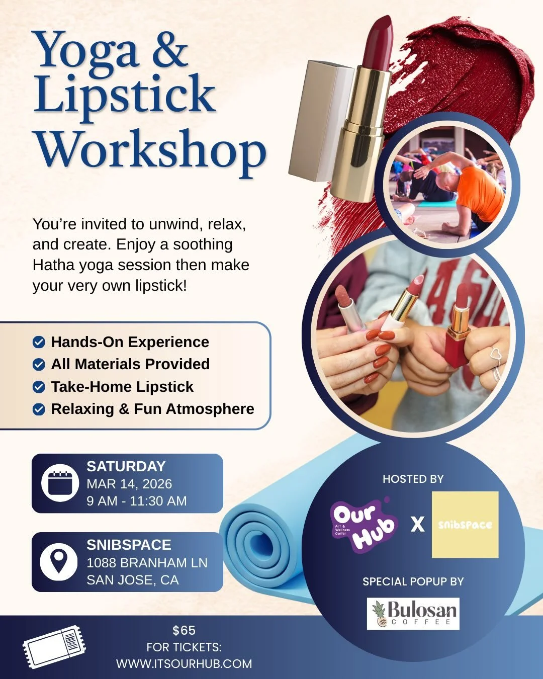 Treat yourself. You deserve it. 💋✨

Start your morning with grounding Hatha yoga to stretch, breathe, and reset&hellip;
Then tap into your creative side and make your very own custom lipstick shade with @craftolog.y to take home 💄

Self-care + crea