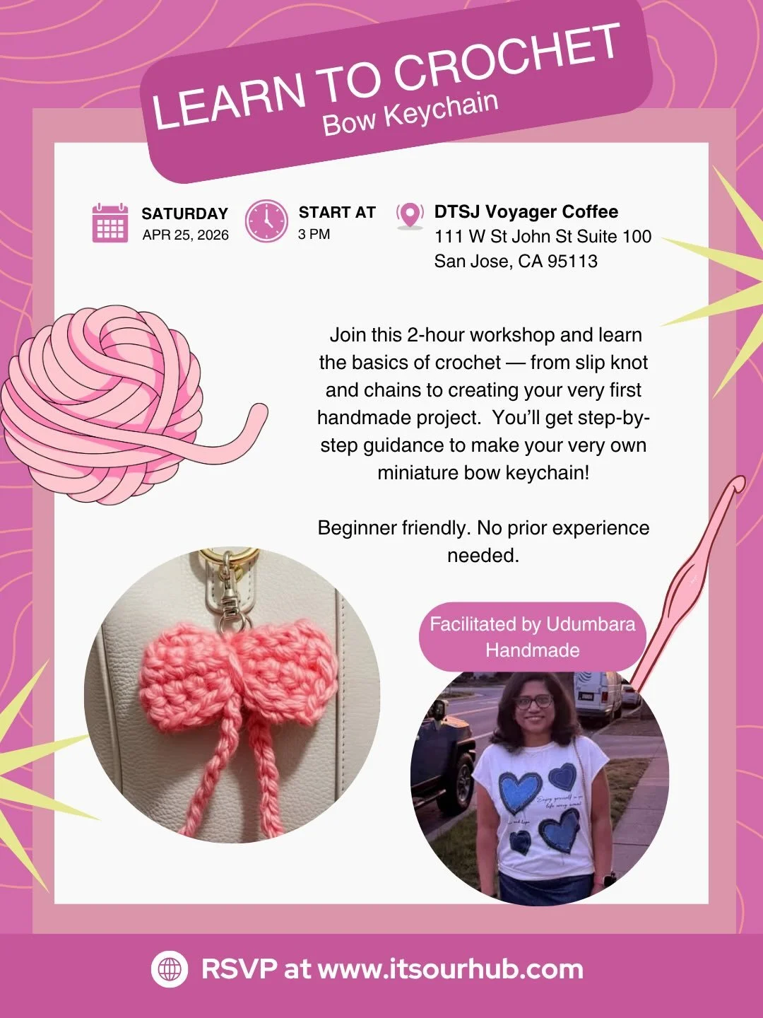 Ever wanted to learn crochet but didn&rsquo;t know where to start? 🧶✨ This is your sign.

Join us for a cozy, beginner-friendly workshop where you&rsquo;ll learn to crochet your very own adorable bow keychain&mdash;perfect for your bag, keys, or as 