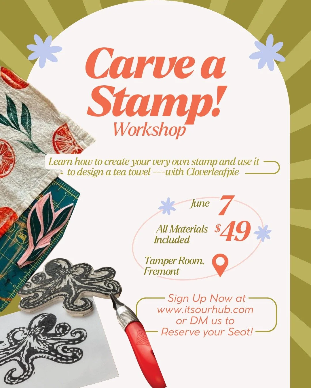 Carve your own stamp! ✨

Learn the basics of linoleum carving and hand stamping with @cloverleafpie. Then, use that stamp to design and decorate a tea towel! This workshop is beginner friendly and all are welcome!

All materials will be provided, inc