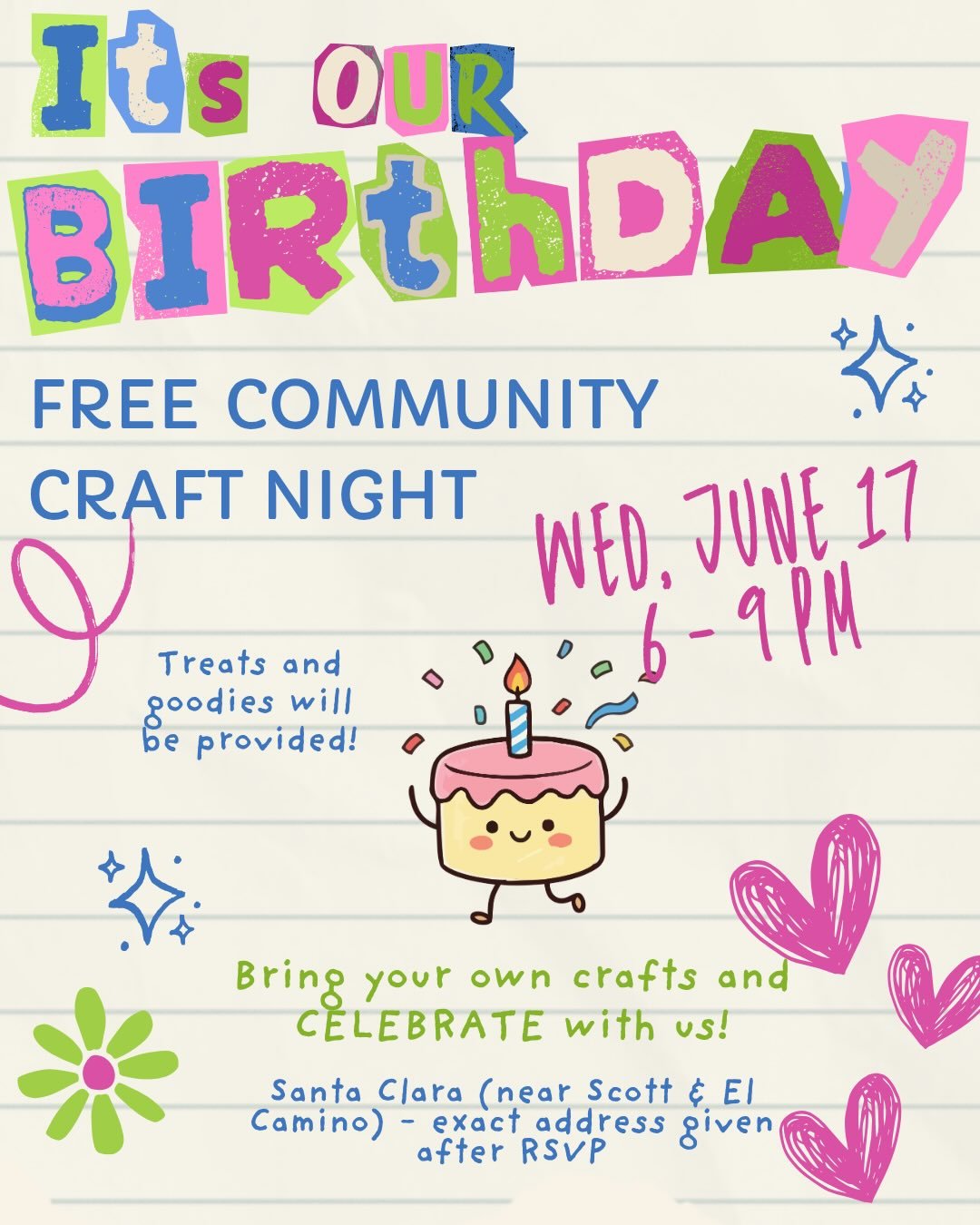 We&rsquo;re turning ONE! Come celebrate with us by joining our FREE community craft night.

Bring your own craft or chill at our friendship bracelet making station!

There will be good vibes, awesome people, and special treats.

Hope to see you there