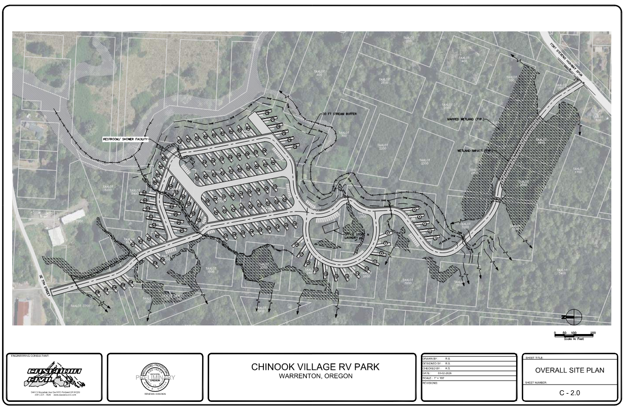 RV Park — Warrenton, Oregon
Designed civil infrastructure for a 100+ space RV park development along the Skipanon River, including roadway and pad pavement systems, water distribution, sewer, and stormwater management. The project presented significa