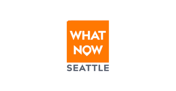 "What Now Seattle" logo with orange square background.