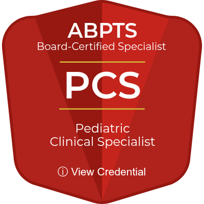 red ABPTS logo stating board certified pediatric clinical specialist. it is hyperlinked to open to Dr. Anne's credentials.
