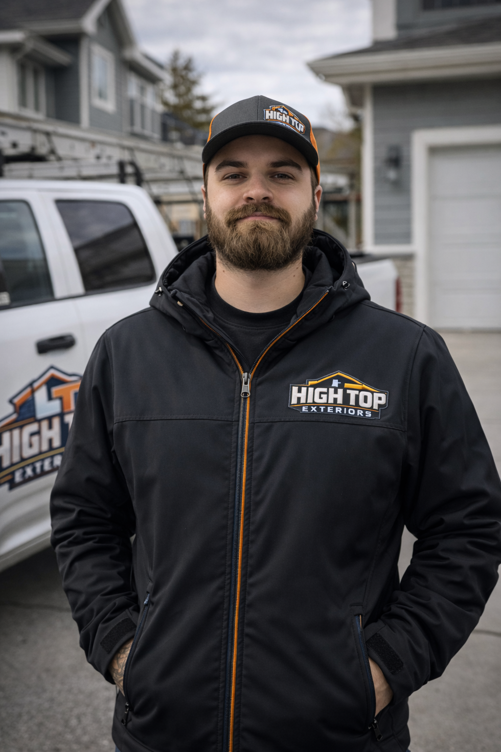 A man with a beard wearing a gray cap and a black jacket with the logo 'High Top Exteriors' standing in front of a white truck with the same logo.
