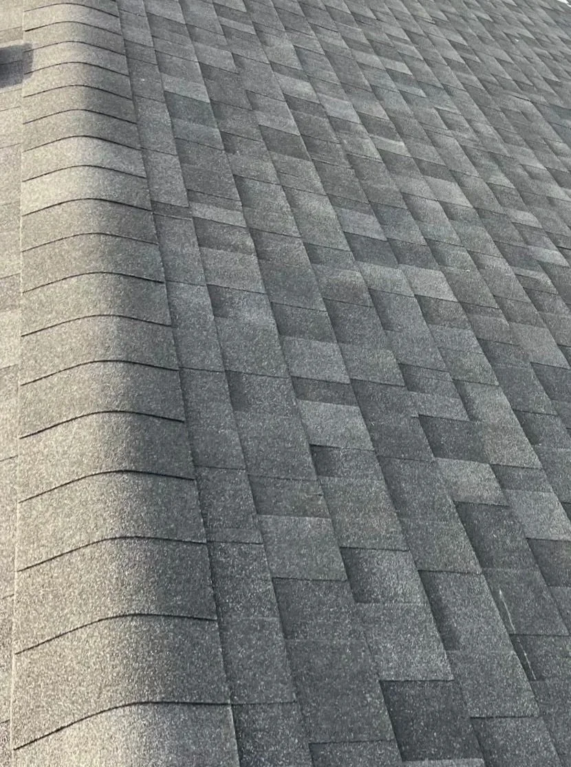 Close-up of a pitched roof with gray asphalt shingles arranged in overlapping rows.