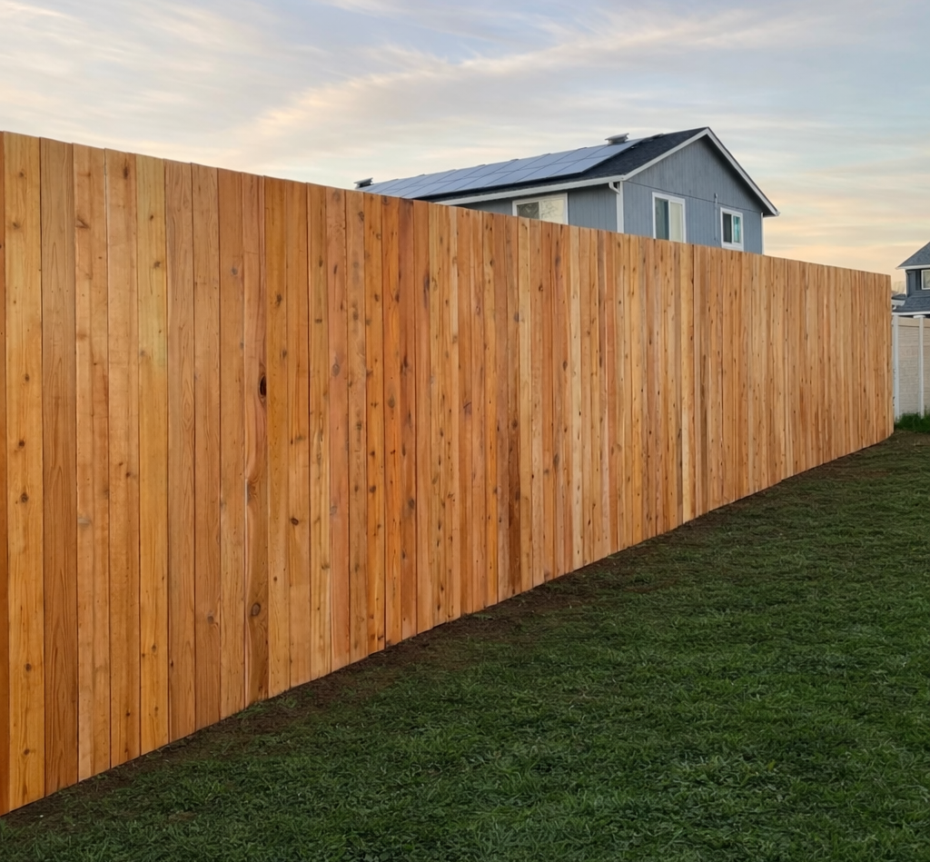A tall wooden privacy fence with vertical planks runs along a grassy yard, with a blue house with solar panels and windows in the background under a cloudy sky.