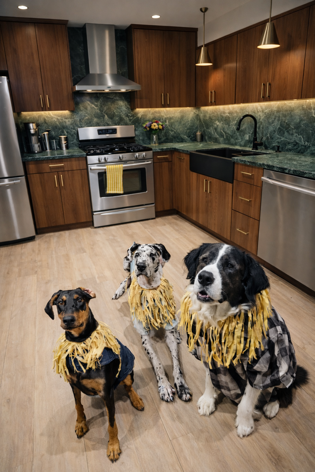 Three dogs wearing yellow fringed costumes sitting on a kitchen floor with wooden cabinets, green marble backsplash, and stainless steel appliances in the background.