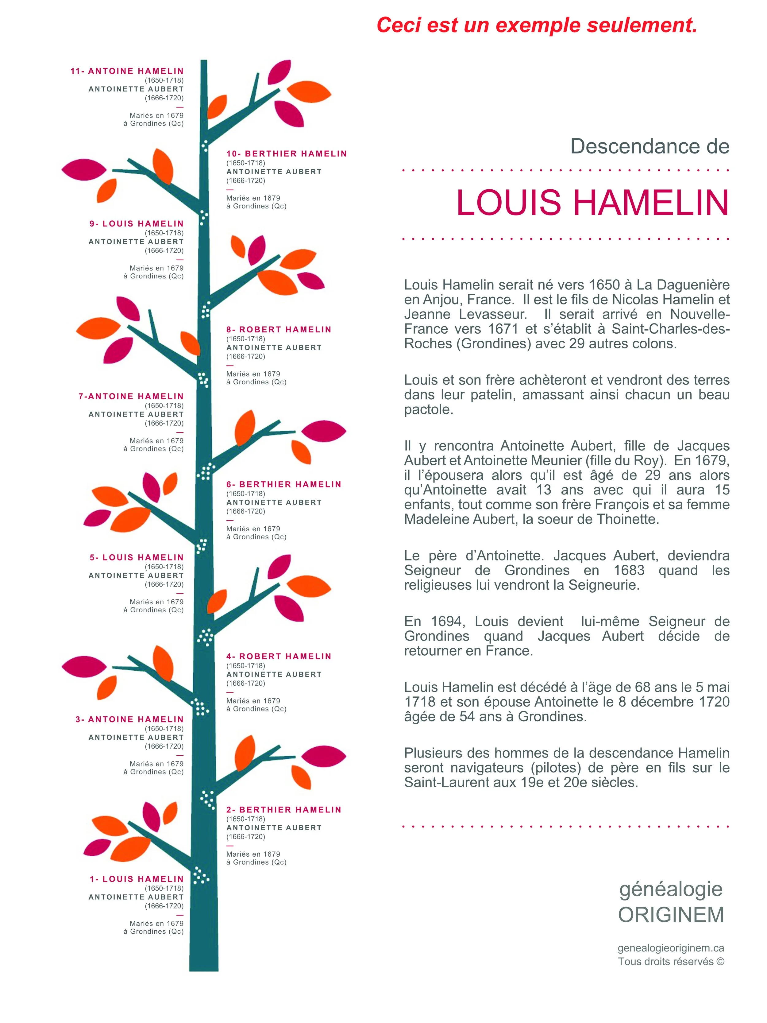 Exemple d'arbre généalogique indiquant les noms des ancêtres et leurs dates de mariage, pour chaque génération.