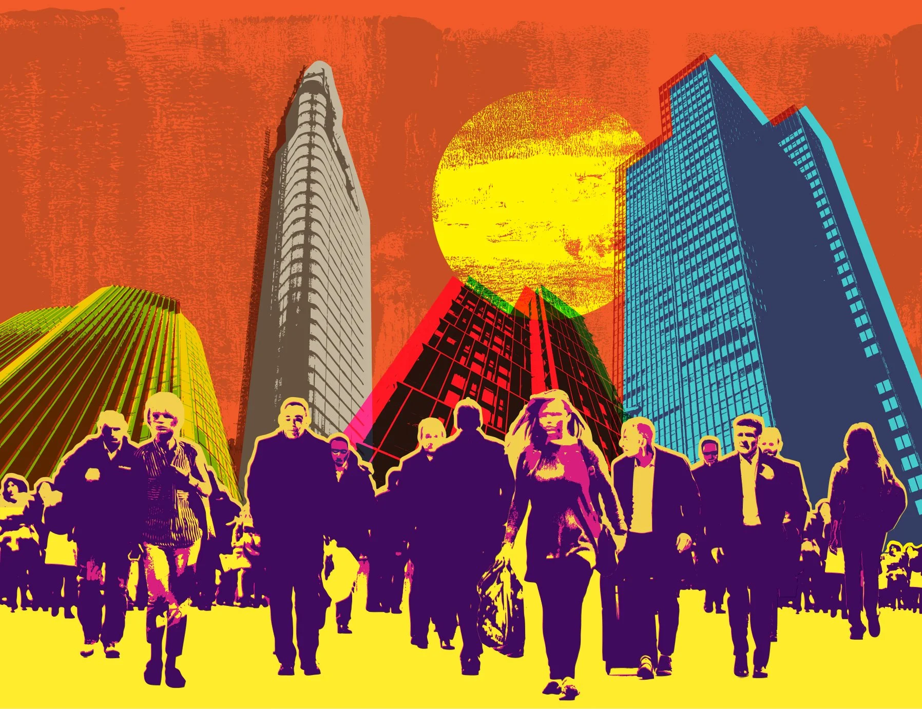 A stylized, colorful illustration of a group of businesspeople walking in front of a city skyline with tall skyscrapers and a large yellow sun in the background.