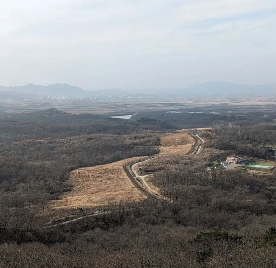 A winding dirt road cuts through a hilly, wooded landscape with some open fields, leading towards distant mountains and a small body of water under a cloudy sky.