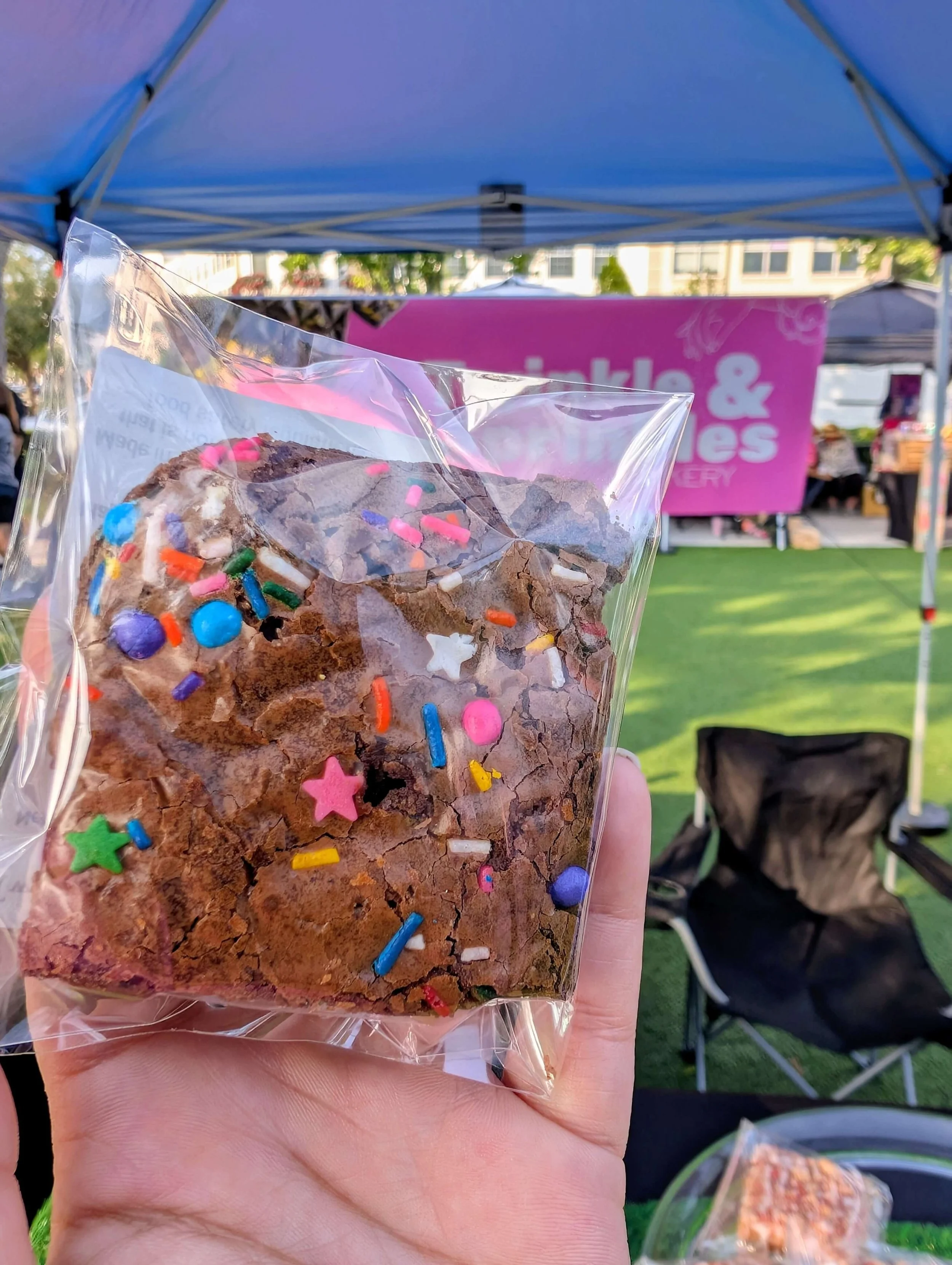 A hand holds up a thick, fudgy chocolate brownie sealed in clear plastic packaging. The brownie has a crinkly top crust topped with a vibrant mix of colorful sprinkles, including rainbow jimmies, blue and purple round candies, and pink, white, and gr